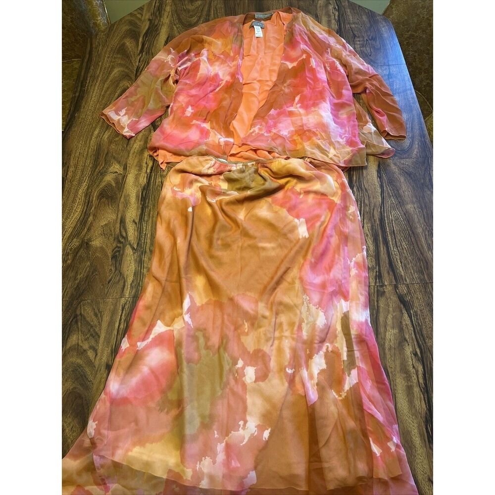 Vtg Dinah Lee Sz XL 3 PCs Tulip Maxi Skirt Set Silk Chiffon Watercolor Coral